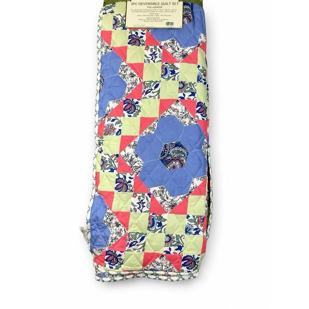 Vera Bradley Full Queen Quilt Set 3 Piece Reversible Floral Patchwork Blue Green